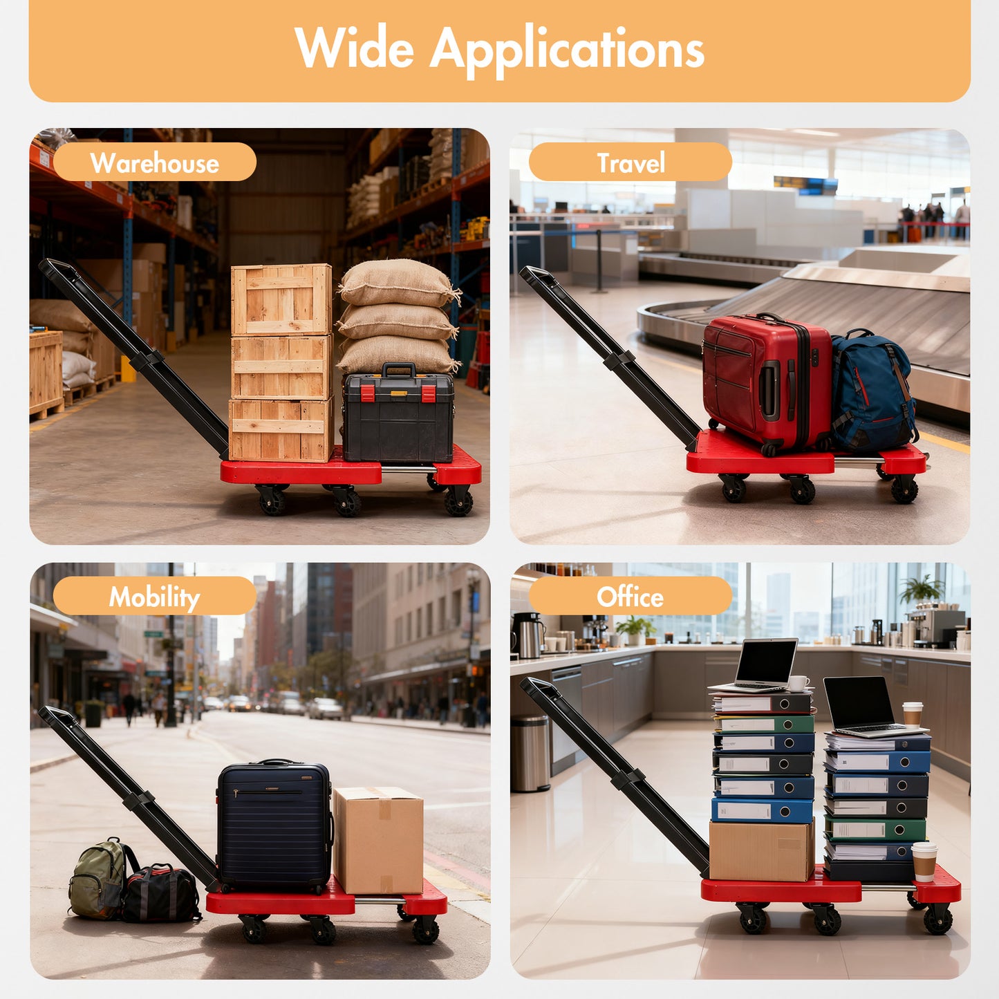 BAOKALER Folding Hand Truck, Heavy Duty Dolly Cart, Push Dolly Cart Foldable Platform with 6 Wheels, Red