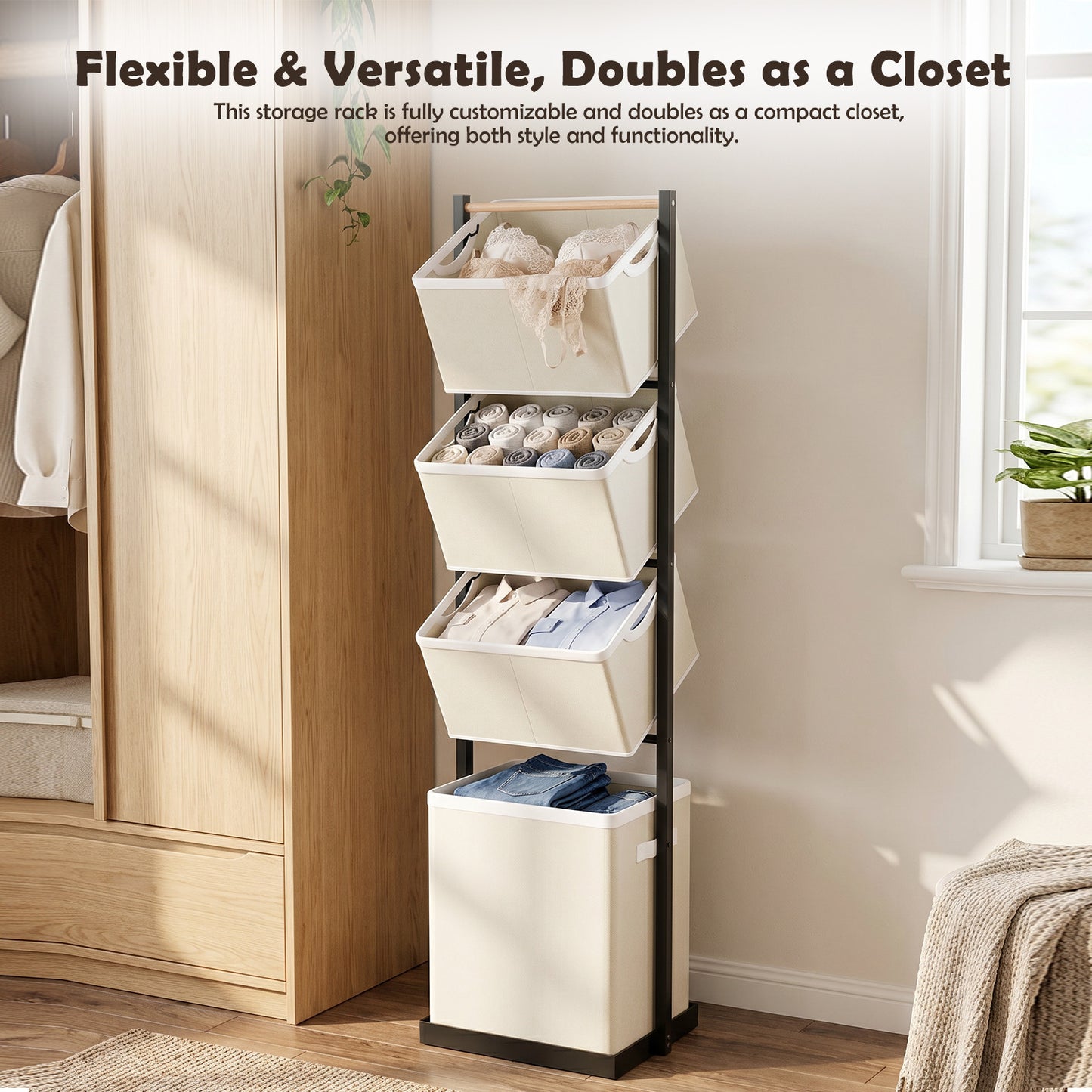 Laundry Hamper, Laundry Basket, 4 Tier Laundry Sorter, Metal Stackable Laundry Basket Organizer with Removable Basket and Removable Bags, 59"x12.6"x15.7" Clothes Organizer Basket, Beige