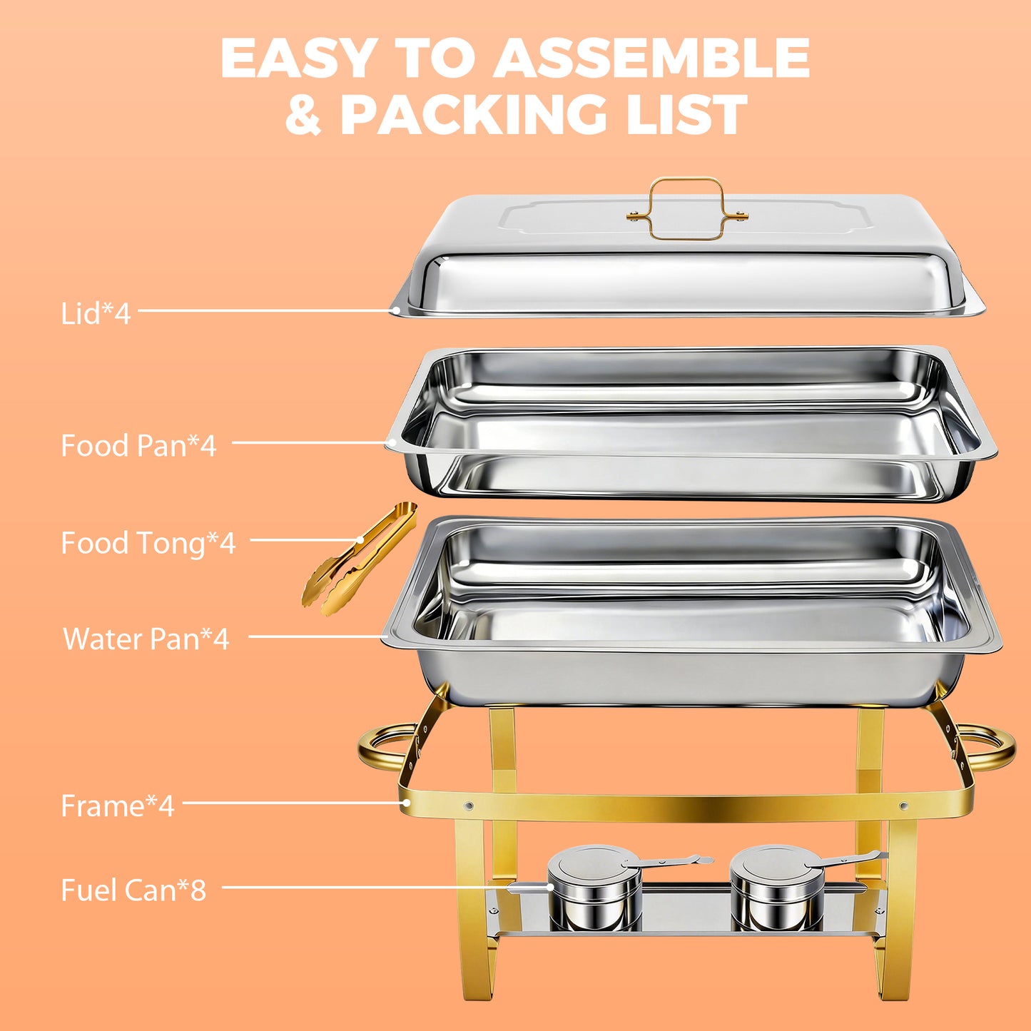 Chafing Dish Buffet Set 4 Pack, 9 QT Rectangular Semi-Gold-Plated Stainless Steel Chafing Dish Set, Buffet Warmer for Hotel Catering, Parties, Weddings, Gold