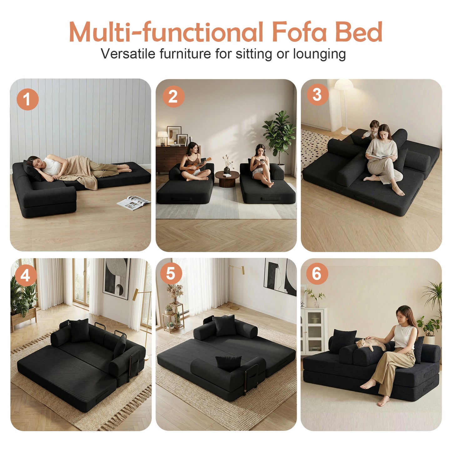 CATGOOD Sectional Couch for Living Room, Convertible Sofa Bed with Soft Corduroy, 78 Inch Modular Futon Couch Free Assembly, Black