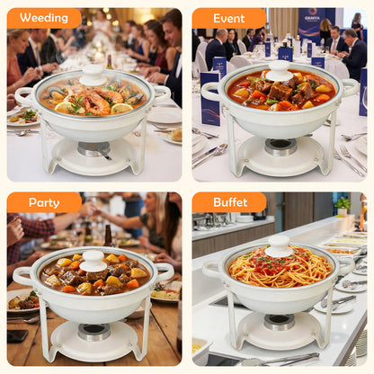 White Chafing Dishes for Buffet with Glass Lid (5.3QT, 1Pack), Maifanite-Coated Round Chafing Dish Set Mirror-Polished Stainless Steel, Stackable, Lid Holder for Party, Wedding