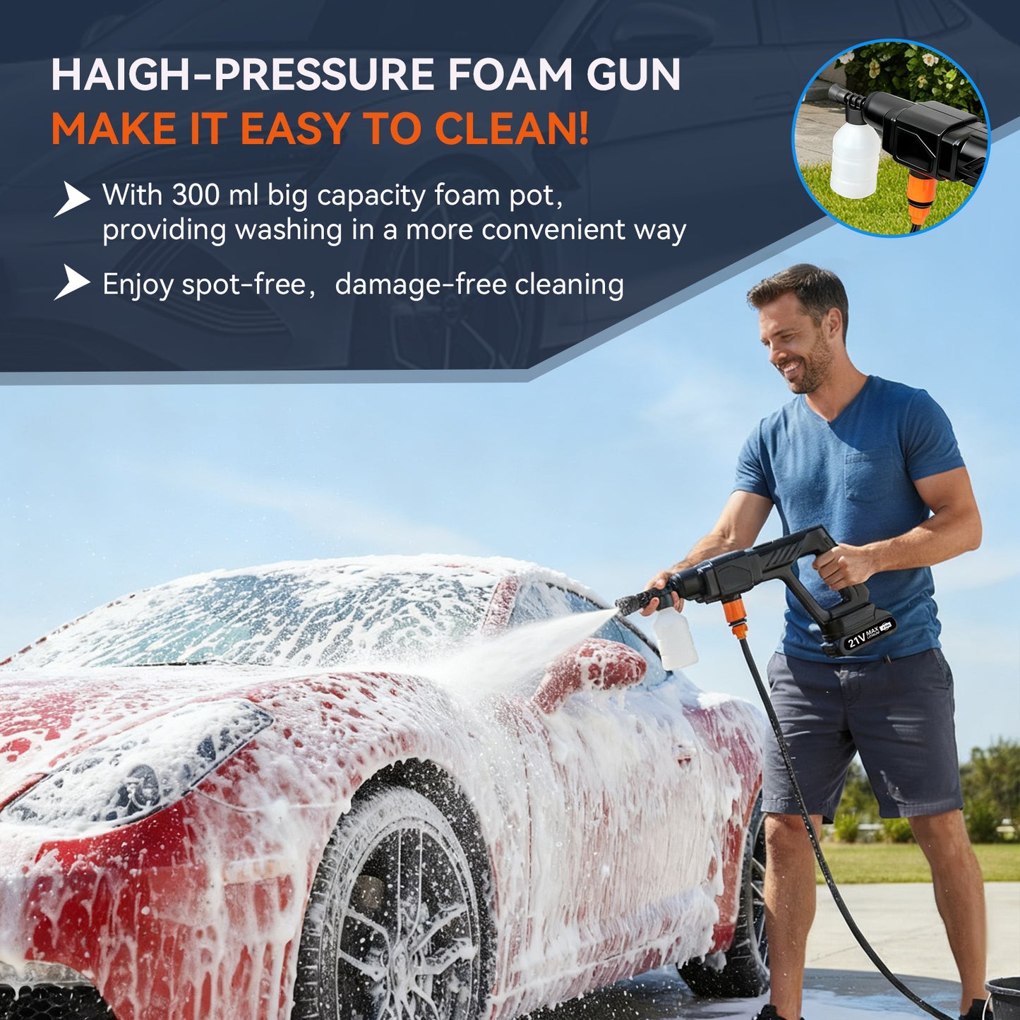 BAOKALER 300W Cordless Pressure Washer, 2.0GPM Portable Power Washer with 6-in-1 Adjustable Nozzle, Power Cleaner with 16.4ft Hose for Cars/Patios
