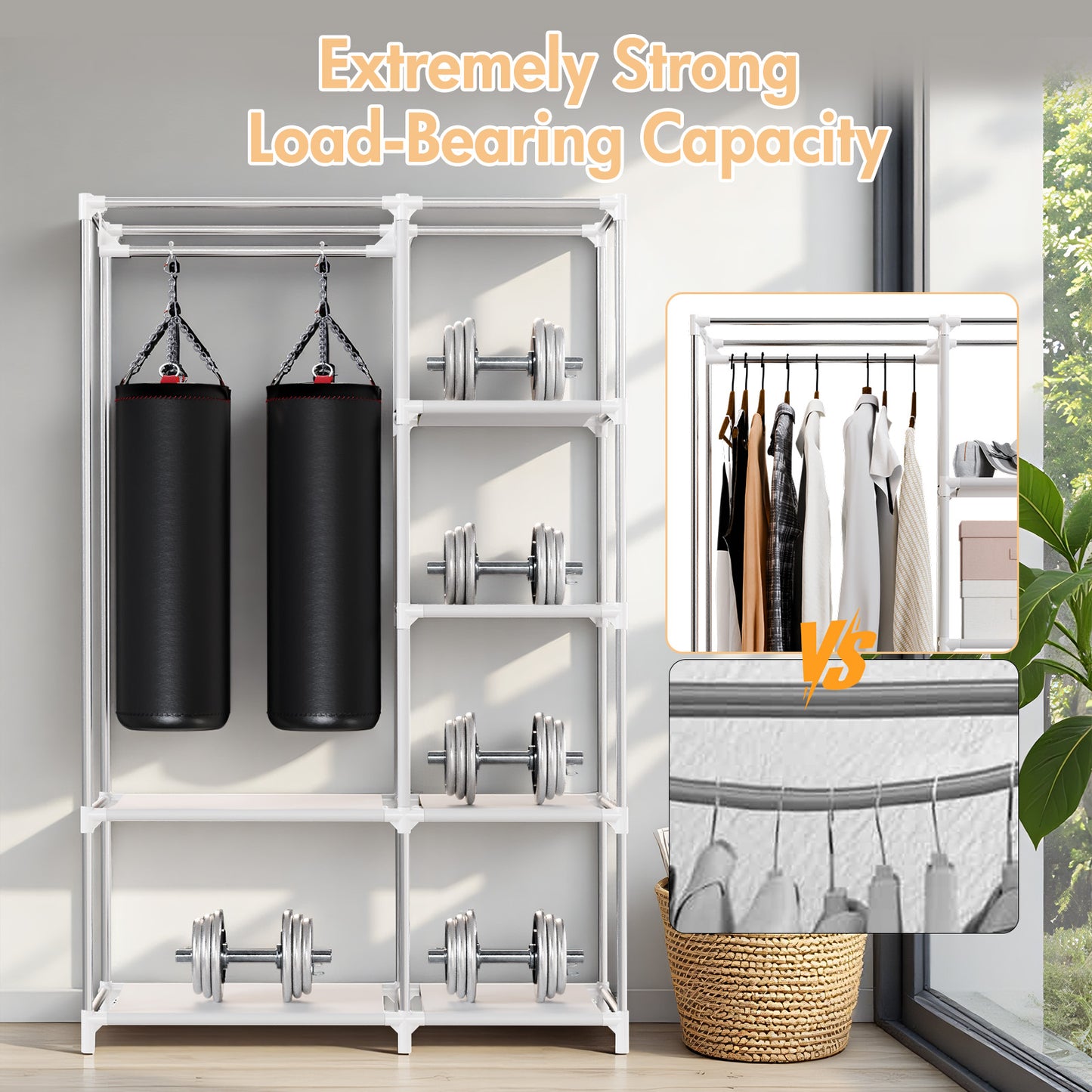 BAOKALER Wardrobe Closet Storage, Hanging Closet organizer, Clothes Rack with Cover, Tool-Free Assembly Clothes Storage for Home Bedroom Living Room, Beige