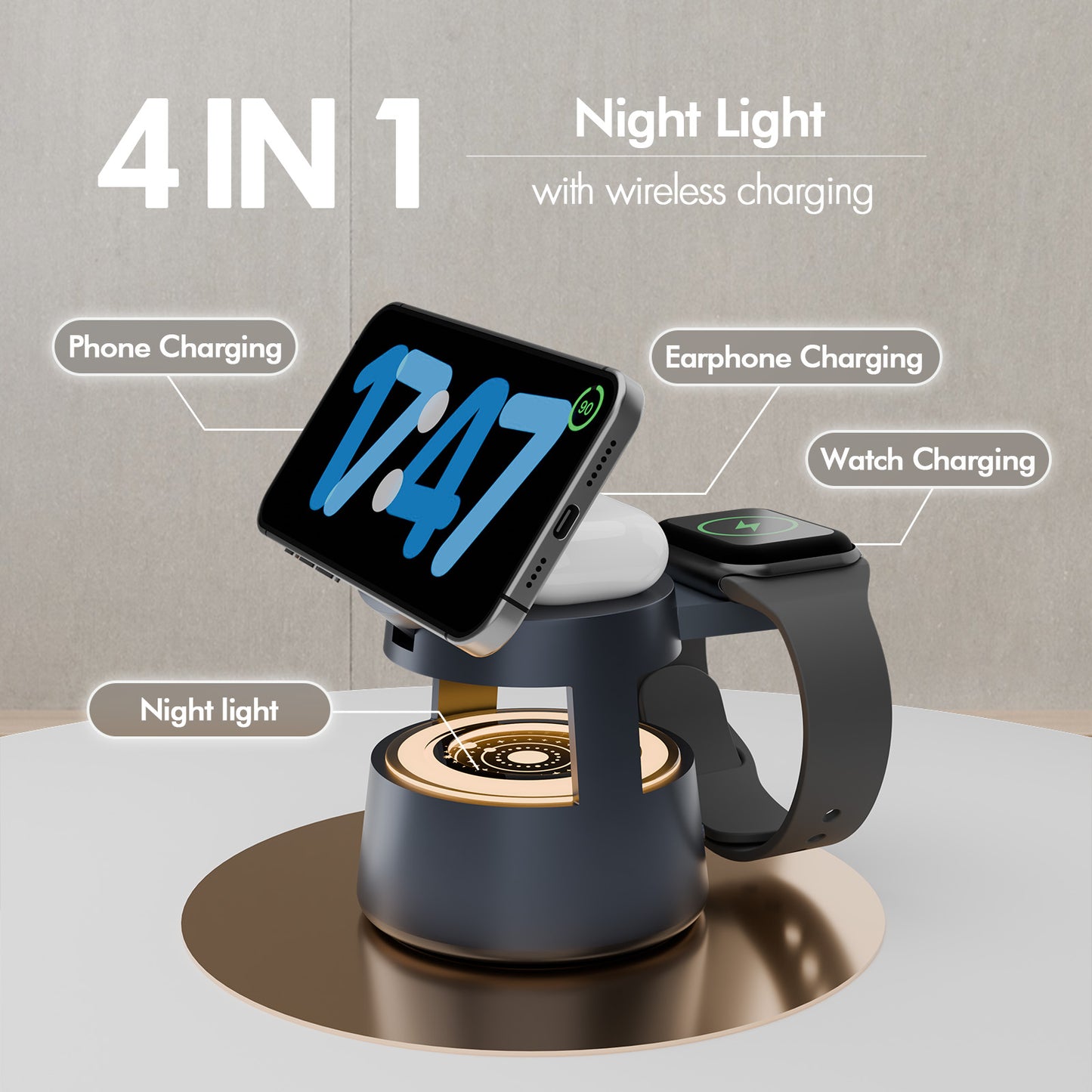 4 in 1 wireless charging station For iPhone AirPods iWatch, Wireless Charger with Mushroom Light for MagSafe Magnetic Charger, 22.5 W Travel Stand,Fast for Multiple Devices