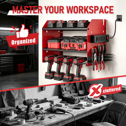 Power Tool Organizer Wall Mount with 4 Charging Station, 3 Layer Heavy Duty Metal Power Tool Storage Rack Loads 200lbs with 4 Cordless Drill Holder for Garage(Red)