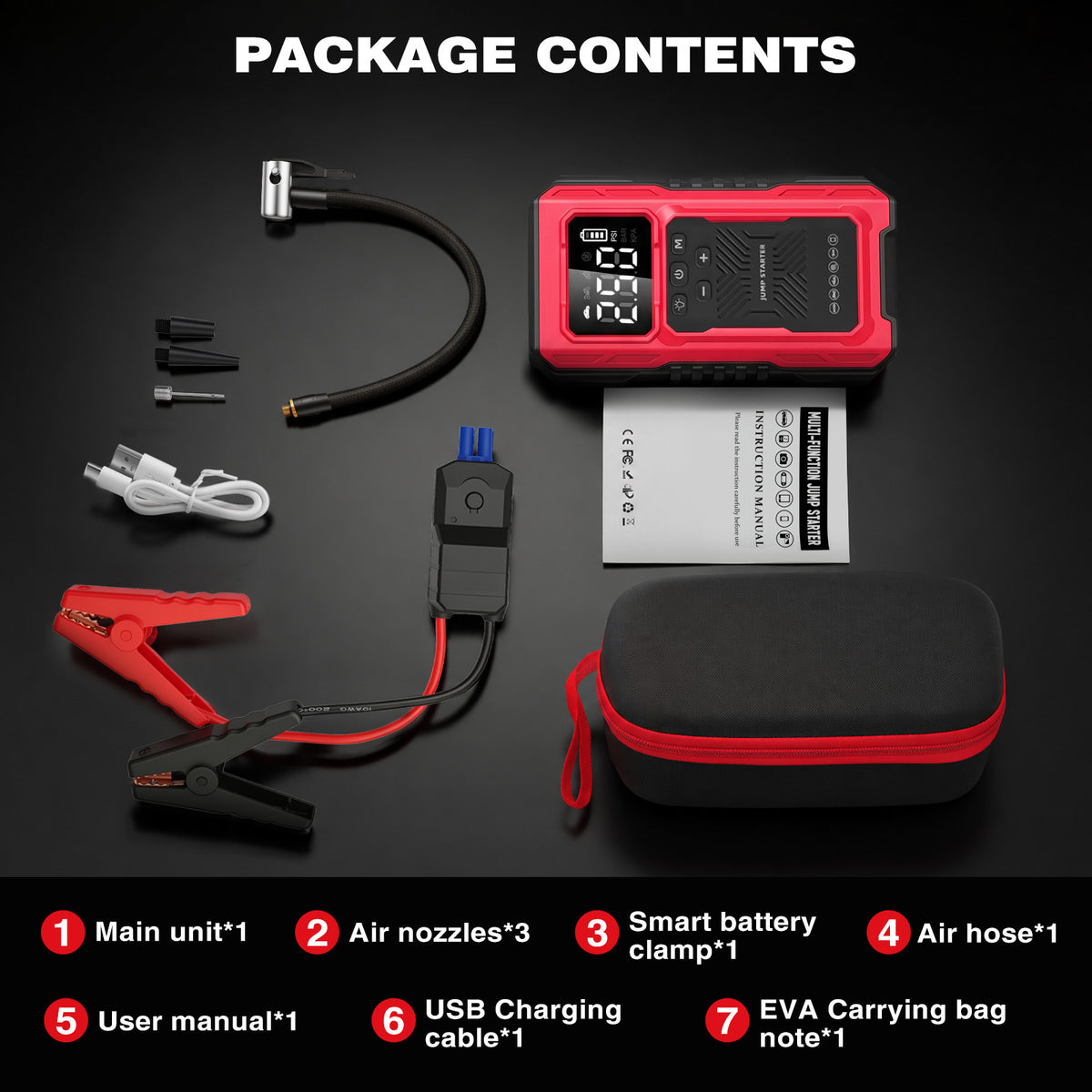 1200A Peak Car Battery Jump Starter with Tire Inflator, Portable 4?in?1 Jump Starter with USB Output & 150 PSI Air Compressor, 12V Jump Pack with Full?Screen LED Display and SOS Emergency Light, Red