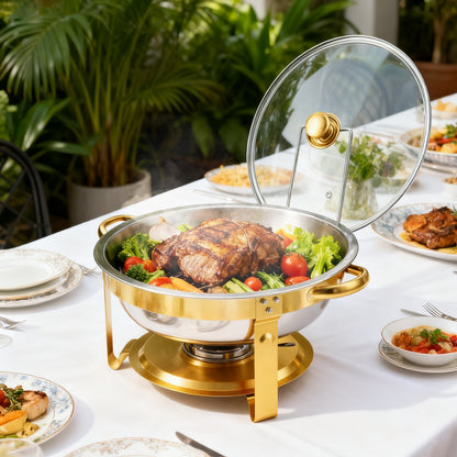 Chafing Dishes for Buffet, 1 Pack 5QT Round Semi-Gold-Plated Stainless Steel Buffet Server, Warmers with All-Gold Serving Tongs, Food Warmers for Parties Buffet, Events & Weddings