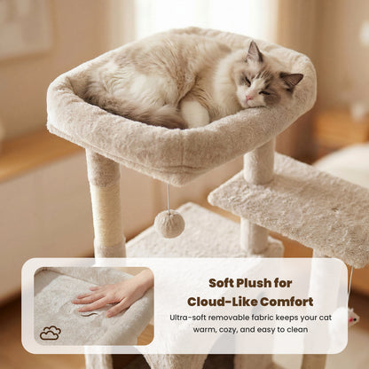 50-inch Large Cat Tree for Adult Cats, Multi-Level Cat Condo with 2 Cozy Caves, Steps, Sisal Scratching Posts & Toys, Beige