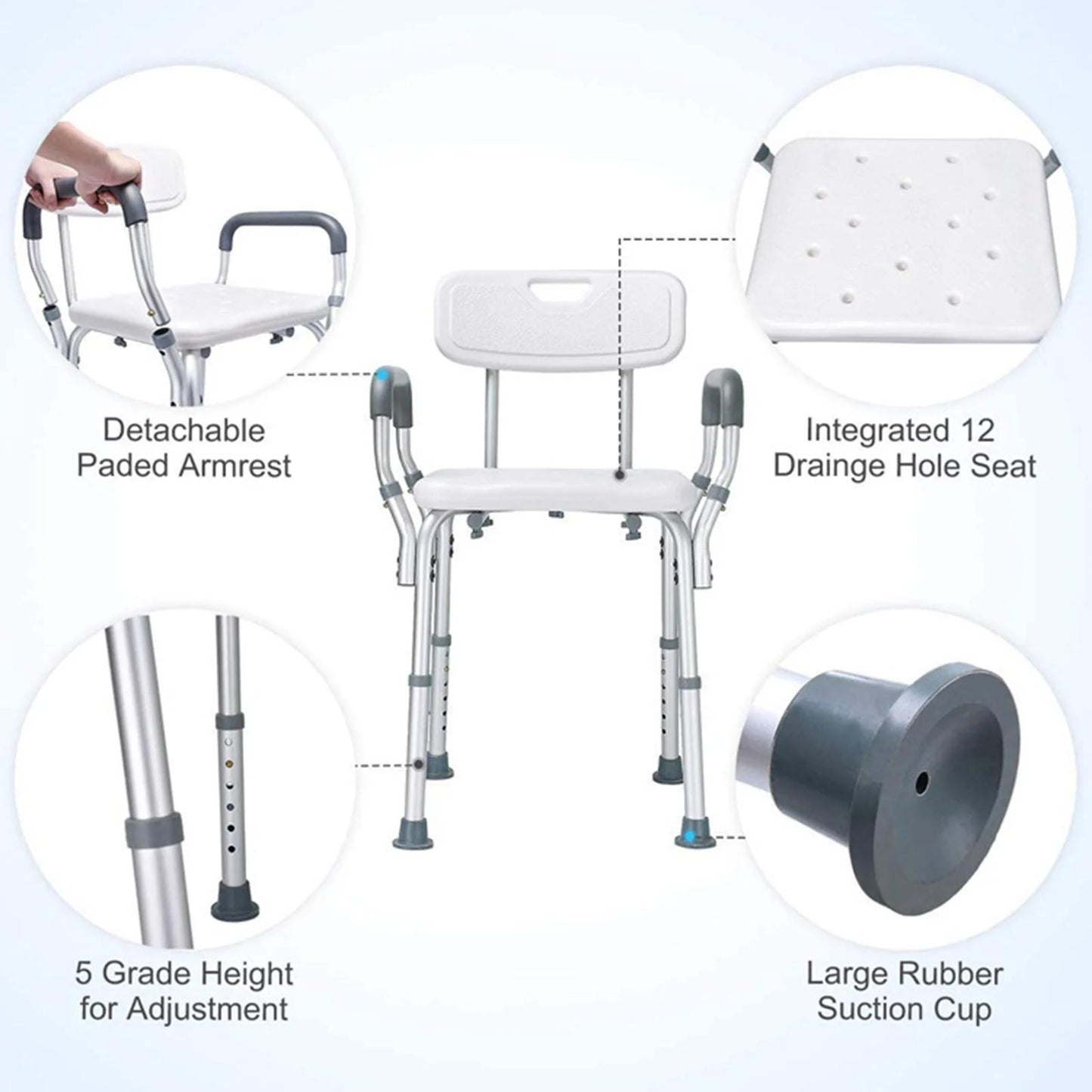 Shower Chair 450lbs with Padded Armrests and Back, Heavy Duty Shower Seat for Bathtub Slip Resistant, Shower Bench with Adjustable Height