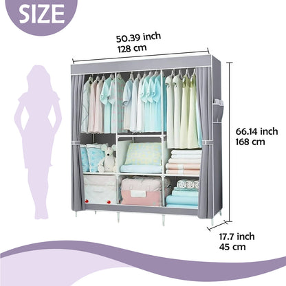 Wardrobe Closet Storage with 3 Hanging Rods, Portable Closet Organizers and Storage, Clothes Rack Shelf Garment Cabinet, Tool Free Assembly, Gray