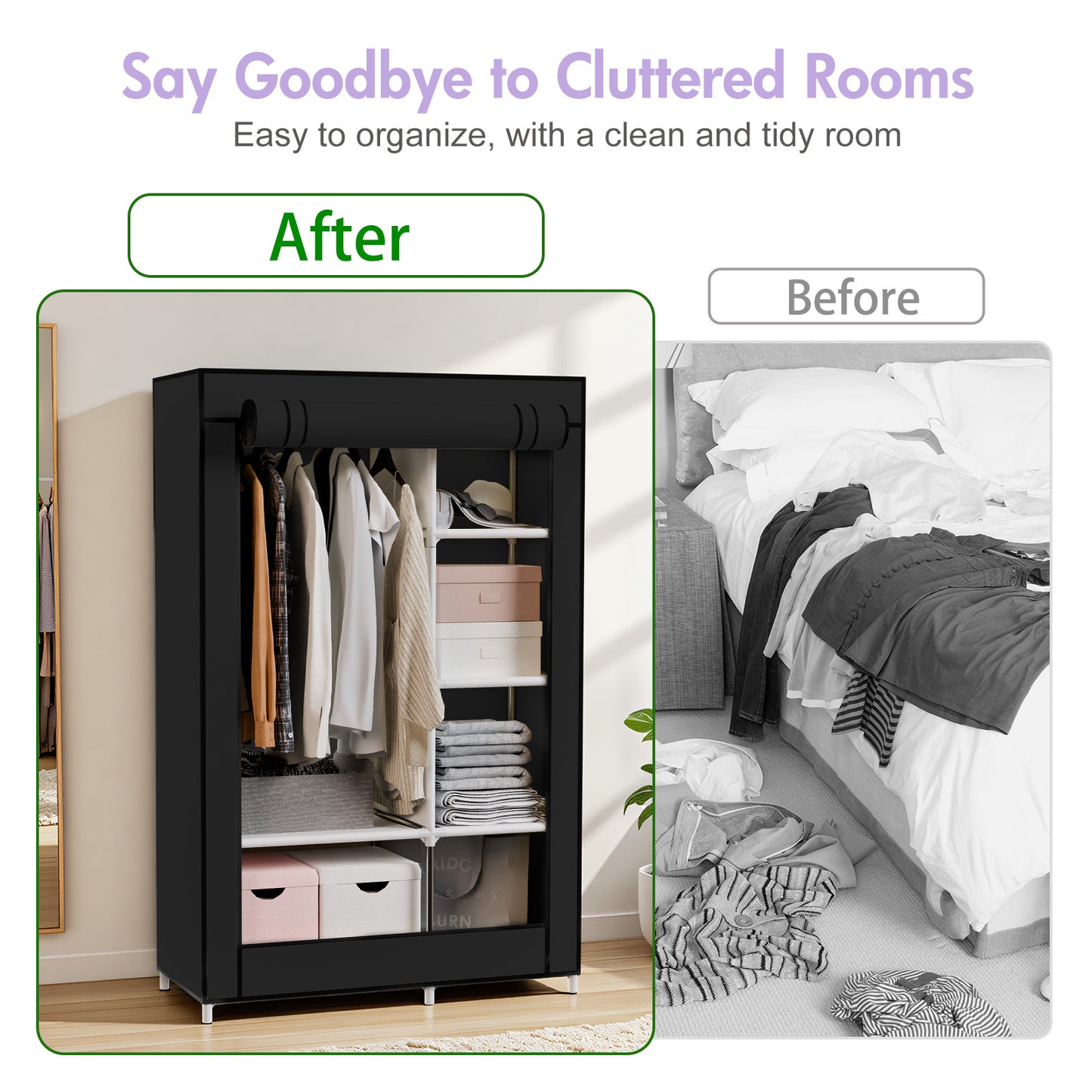 BAOKALER Portable Closet Organizer with 6 Shelves & 1 Hanging Rod, Non-woven Fabric Wardrobe Clothes Storage with 4 Side Pockets for Bedroom, Living Room, Cloakroom, Dorm, Apartment, Black