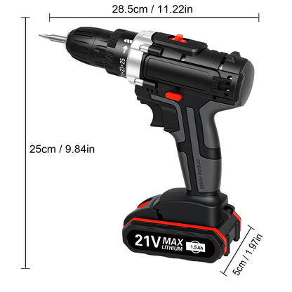 21V Cordless Drill Set with 2 Batteries, 3/8" Keyless Chuck, Multi-Functional Electric Power Drill Kit, Portable, 2 Variable Speed & LED Light, Black