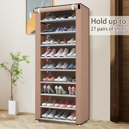 BAOKALER 10-Tier Portable Shoe Rack, Non-Woven Fabric 27 Pairs Capacity Shoe Shelf, Sneaker Storage Cabinet, Coffee