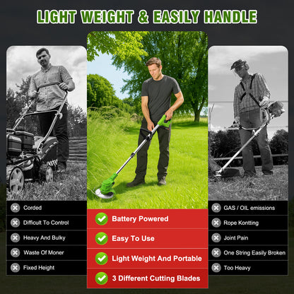 Electric 650W Weed Lawn Edger, Battery Weed Eater, Weed Wacker Electric, Cordless Grass Trimmer Cutting Tool & 2 Battery, Weed Trimmer for Yards Garden, Green