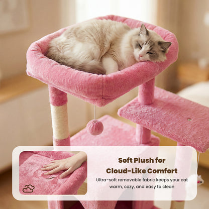 50-inch Pink Cat Tree Tower, Multi-Level Cat Stand with Sisal Scratching Posts & Balls for Playing