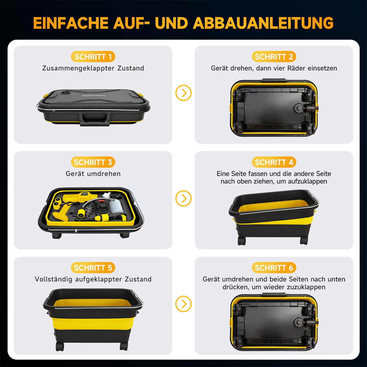 BAOKALER 1160PSI Pressure Washer with Foldable Water Container, 4.0Ah Dual Batteries, 6-in-1 Adjustable Nozzle, Portable Power Cleaner for Car Wash, Fences, Patio & Outdoor Cleaning – Yellow