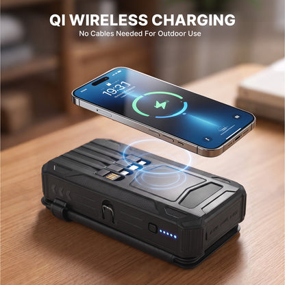 Solar Power Bank 46800mAh, PD15W Fast Charging Solar Charger with 4 Built-in Cables & Wireless Charging, Portable Solar Charger for Cell Phone, Solar Battery Pack for Camping (Black)