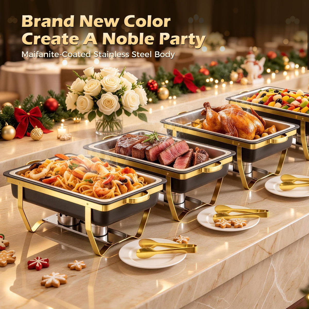 CATGOOD 9QT Black Gold Chafing Dish Buffet Set 2 Pack, Stainless Steel Chafing Dishes for Buffet, Buffet Warmer with Scratch-Resistant Coating, Food Warmers for Parties, Buffet Restaurants