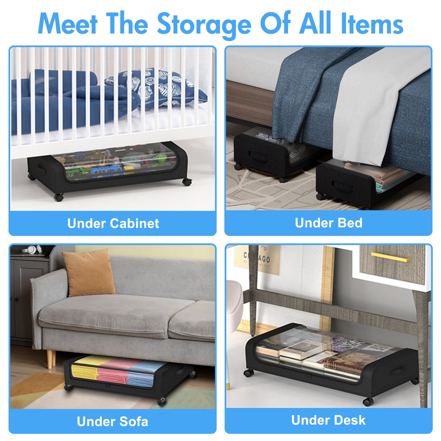 Under Bed Storage with Wheels, 2 Pack Under Bed Storage Containers, Under Bed Shoe Storage Organizer, Rolling Under Bed Metal Drawer for Clothes, Black