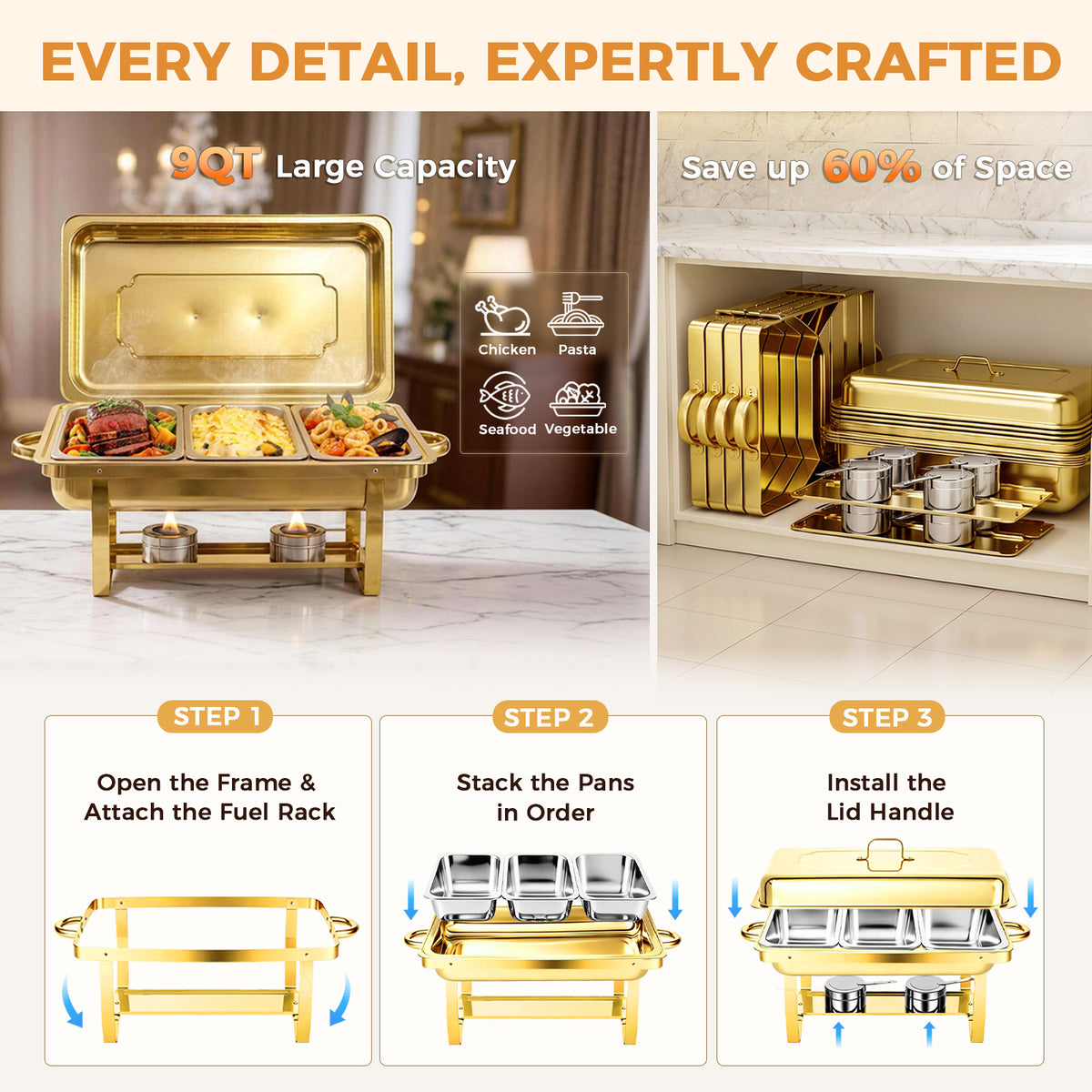 Gold Chafing Dish Buffet Set 1 Pack, 9QT Rectangular Chafing Dishes for Buffet, 3-Compartment Party Food Warmer with Lid & Foldable Frame for Catering Events, Banquets