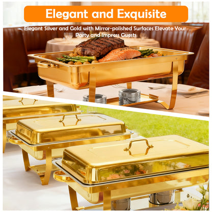 Chafing Dish Buffet Set 4 Pack,9QT Stainless Steel Gold Rectangle Chafing Dishes,Chafers and Buffet Warmers Sets for Events,Parties,Catering,Dinner