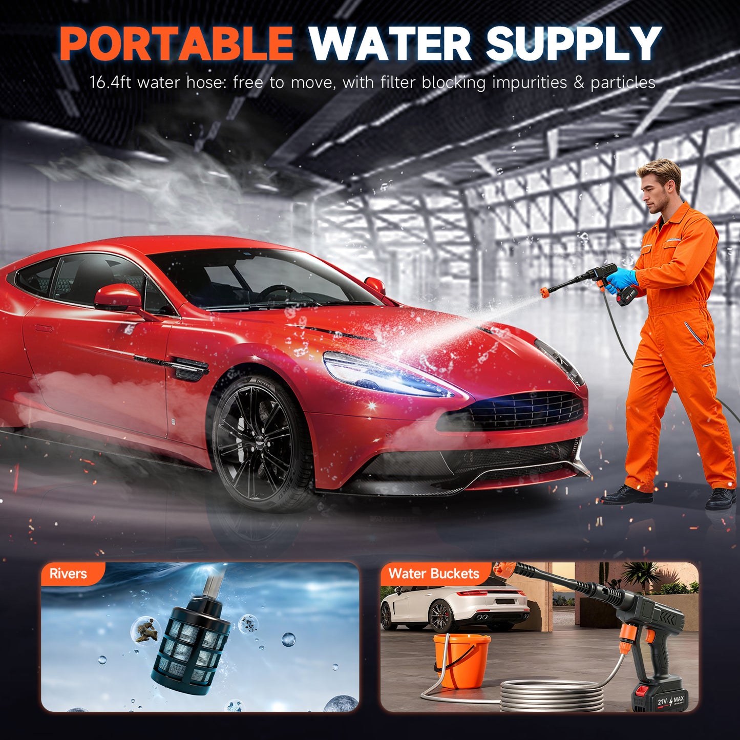 Cordless Pressure Washer, 900PSI Portable Power Washer with 2 X 4.0Ah Batteries, Electric Power Cleaner with 16.4ft Hose for Car, Floor, Garden