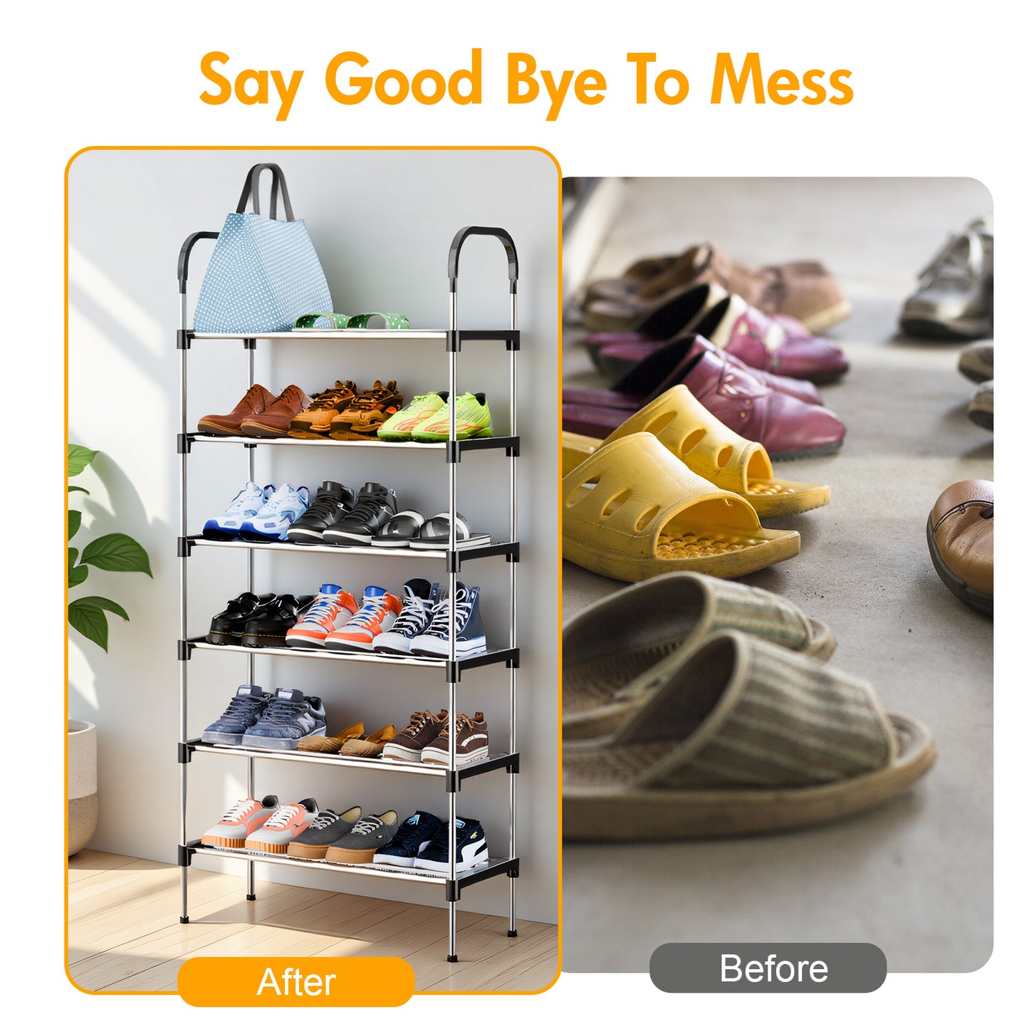 6-Tier Metal Shoe Rack Organizer for Entryway, Multifunctional Shoe Storage Shelf for Hallways, Bedrooms, Bathrooms, Offices, and Living Rooms, Silver and Black