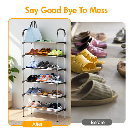 6-Tier Metal Shoe Rack Organizer for Entryway, Multifunctional Shoe Storage Shelf for Hallways, Bedrooms, Bathrooms, Offices, and Living Rooms, Silver and Black
