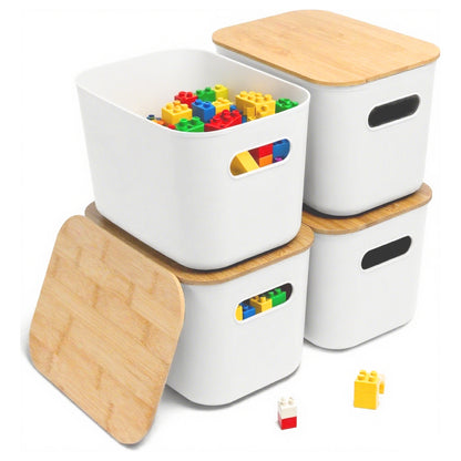 CATGOOD 2PCS Premium Minimalist Storage Boxes with Bamboo Lids, Plastic Storage Baskets, White Stackable Storage Bins with Lids for Kitchen, Cabinet, Bathroom, 10.24"x7.09"x6.3"