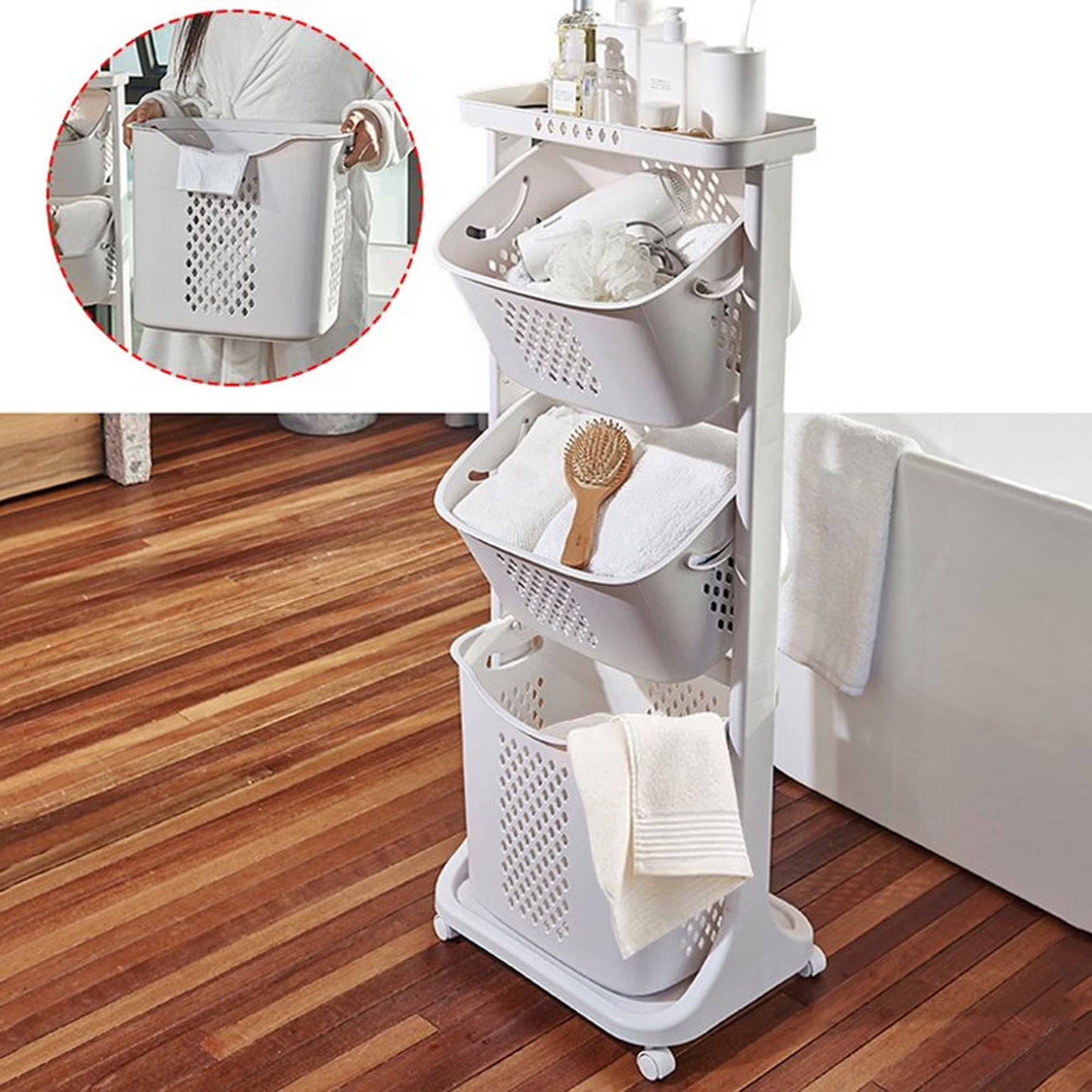 3-Tier Laundry Hamper Basket Sorter Bathroom Organizer with Wheels Movable Clothes Storage Basket Kitchen Shelf Fruit Stand 360¡ã Rolling Cart