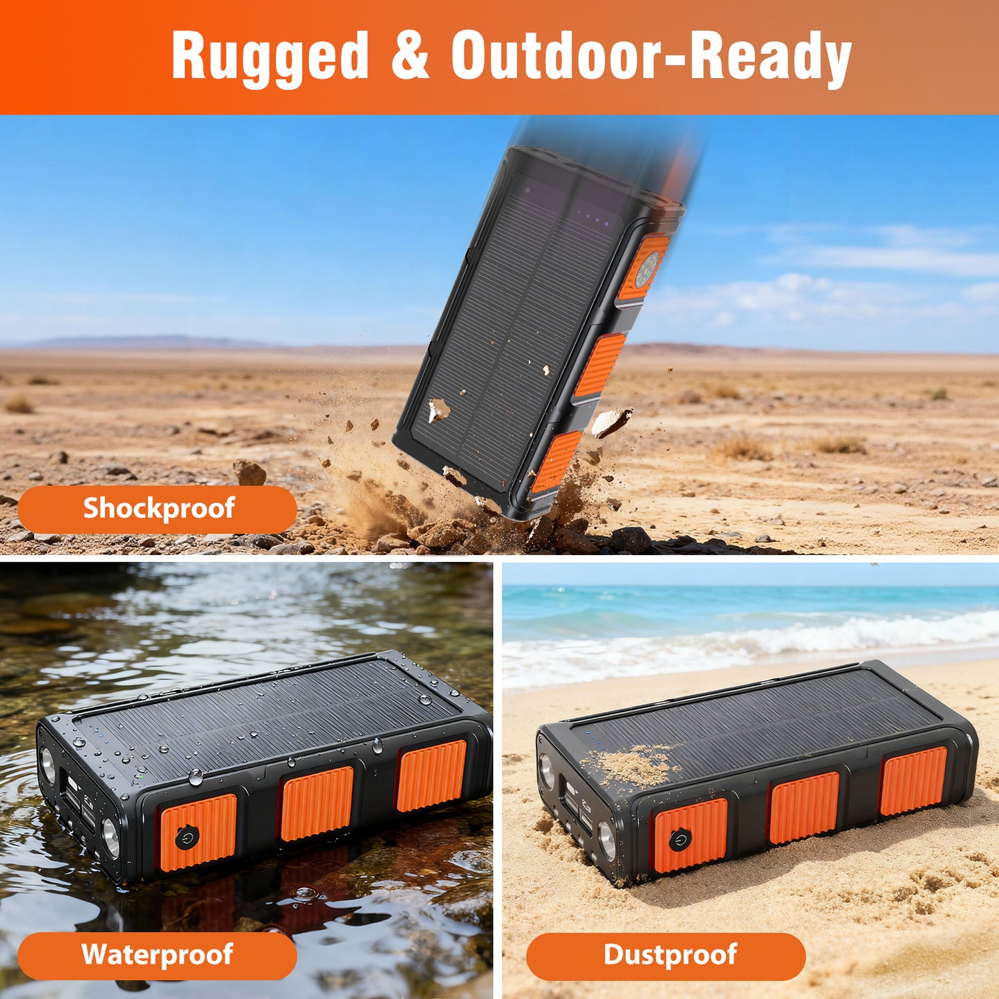 Power Bank Wireless Charger 68800mAh Built in Hand Crank and 4 Cables 15W Fast Charging Power Bank 7 Outputs & 4 Inputs Solar Portable Charger, SOS/Strobe/Strong Flashlights, Compass(Orange)