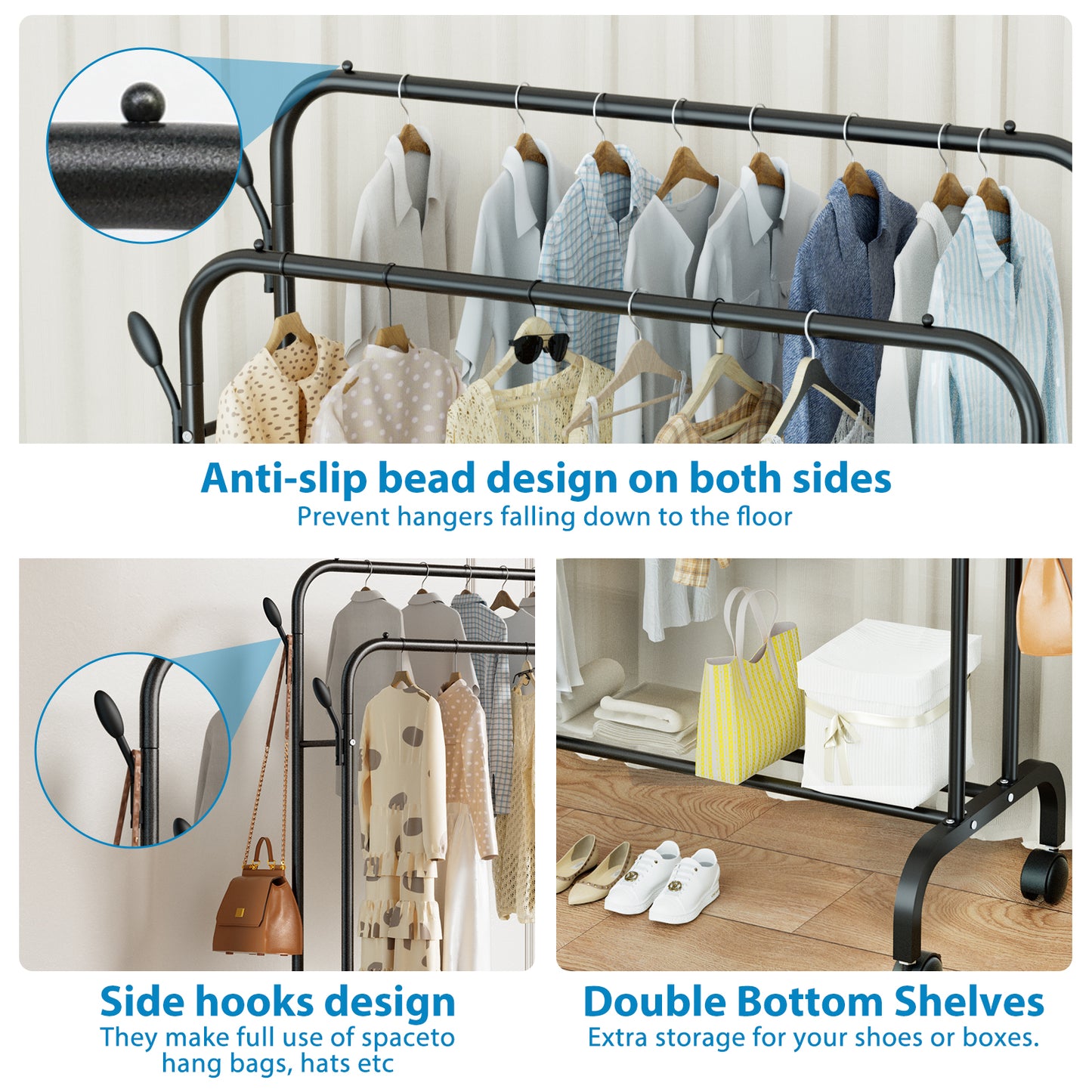 Clothes Rack with Wheels, Double Rods Clothing Rack for Hanging Clothes, Heavy Duty Garment Racks for Hanging Clothes, 4 Hooks, Multi-functional Bedroom Clothes Rack, Black