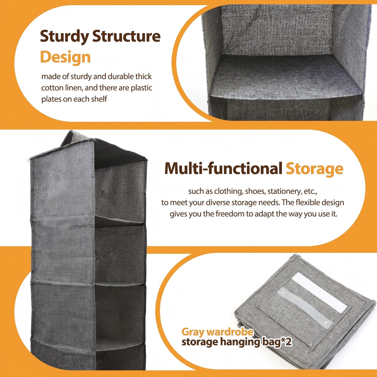 Hanging Closet Organizer, 2 Packs Closet Organizer and Storage, 5-Shelf Closet Hanging Storage Shelves, Closet Organization for Bedroom, Nursery, Diapers, Grey