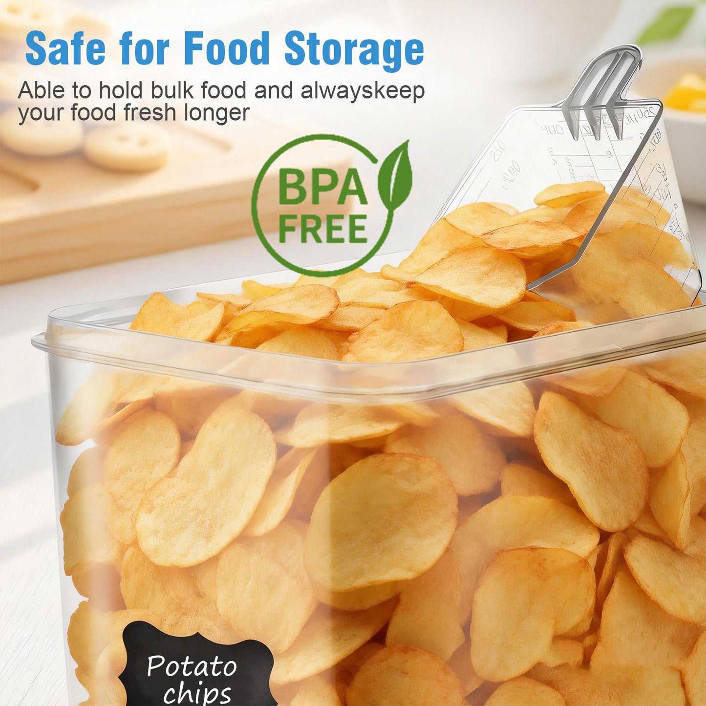 9.5L (4-Pack) Airtight Food Storage Containers Set with Chalkboard Labels, 1 Marker & 4 Measuring Cups - Clear Grain Jars, BPA-Free, Stackable (Brown Box)