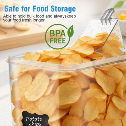 9.5L (4-Pack) Airtight Food Storage Containers Set with Chalkboard Labels, 1 Marker & 4 Measuring Cups - Clear Grain Jars, BPA-Free, Stackable (Brown Box)
