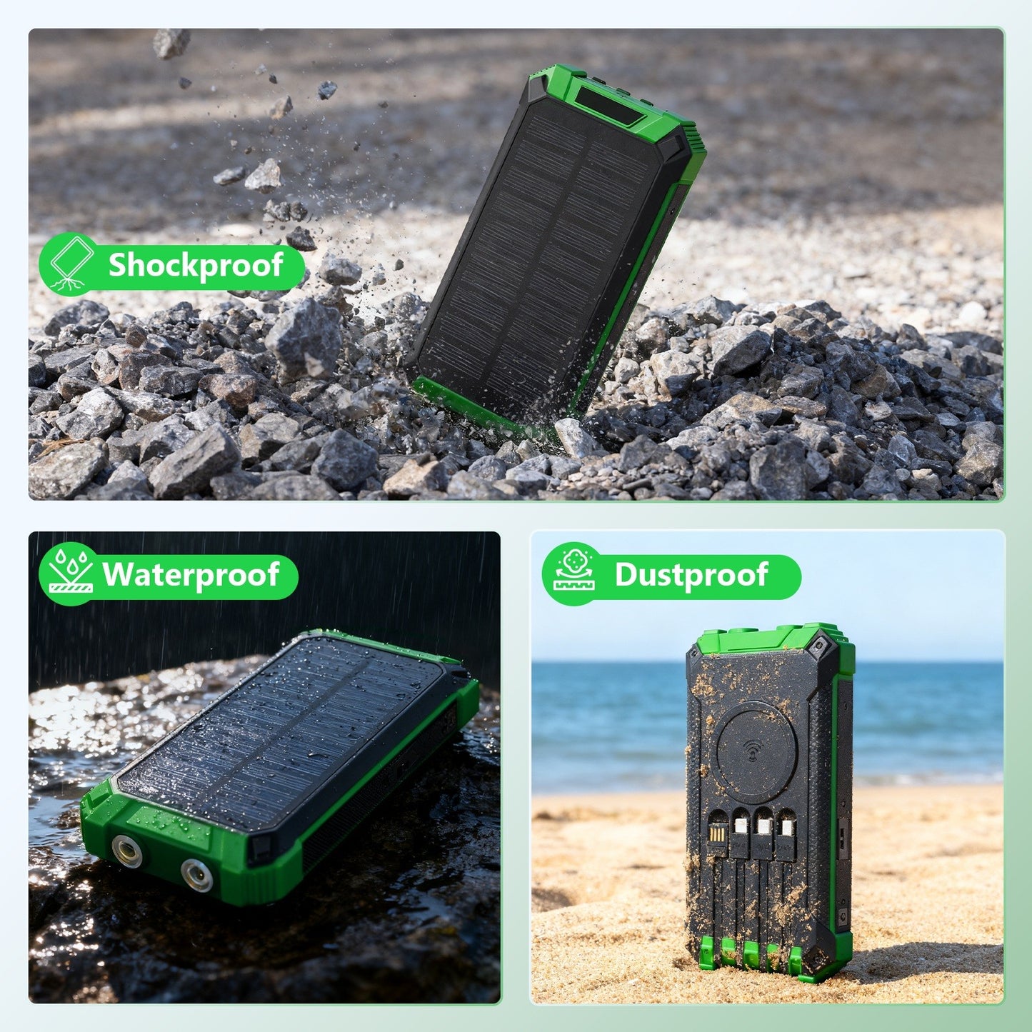 2PK Power Bank Wireless Charger 46800mAh Built in 4 Cables Six Outputs 15W Fast Charging Power Bank for All Mobile Devices Three Inputs Solar Portable Charger with Dual Flashlights, Carabiner(Green)