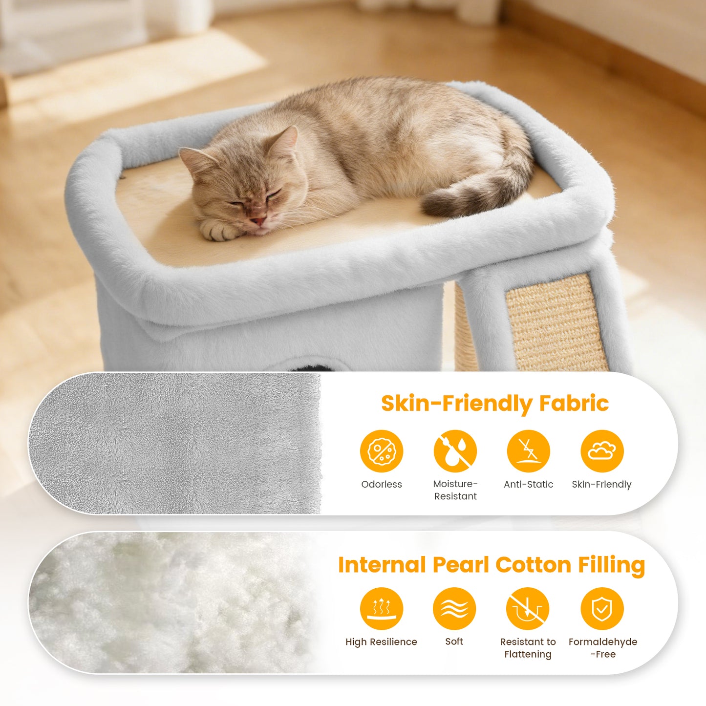 Cat Tree Tower with Perch Bed and Washable Top, Cat Tree with Sisal Scratching Posts, Condos, Plush Perches, Hanging Cat Toys, Extended Platform for Cats to Play and Sleep, Gray