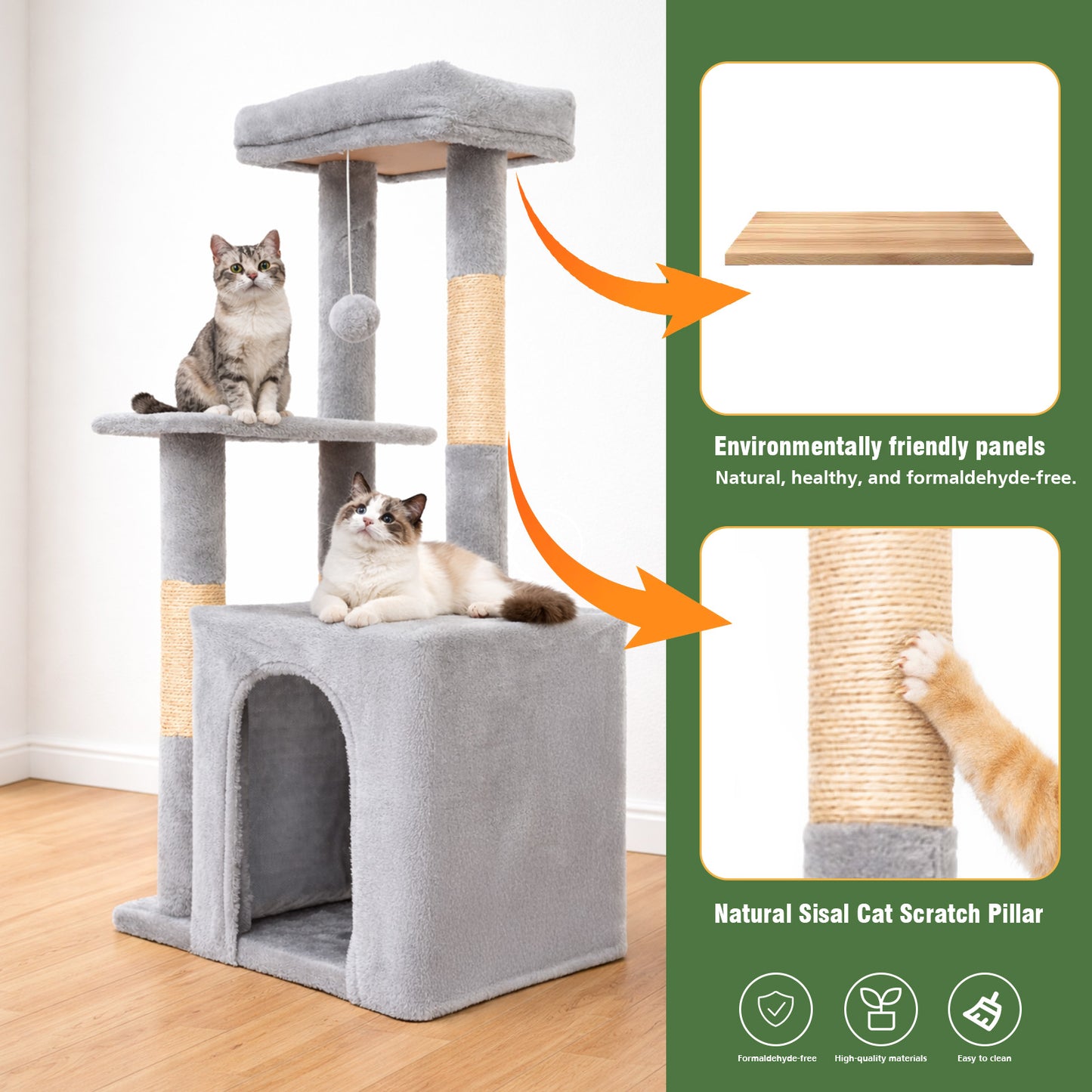 Cat Tree, Multi-Level Cat Tree Tower, Indoor Activity Center with Sisal Scratching Posts, Condos, Plush Perches, Hanging Cat Toys, Gray