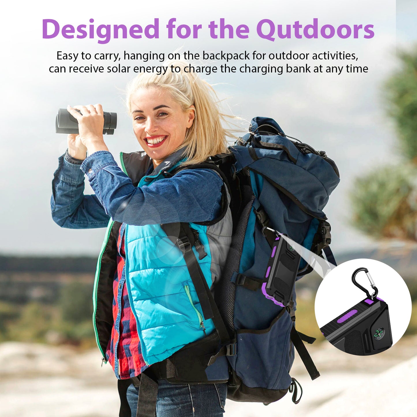 2PK BAKALER 30000mAh Solar Charger for Cell Phone iPhone, Portable Solar Power Bank with Dual 5V USB Ports, 2 Led Light Flashlight, Compass Battery Pack for Outdoor Camping Hiking(Purple)