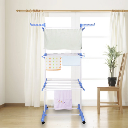 Clothes Drying Rack, 4-Tier Foldable Drying Rack for Clothes, Portable Laundry Rack with Wheels Indoor Outdoor Freestanding, Blue
