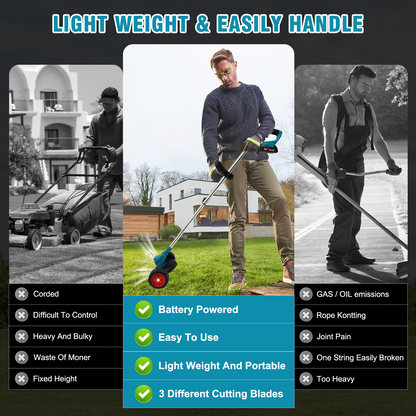 24V 650W Electric Grass Trimmer Cordless W/2 Batteries, 2600MAH Battery Weed Eater, Electric Weed Wacker, Lawn Mower Cordless Pruning Cutter Weed Wacker Garden Trimming Tool