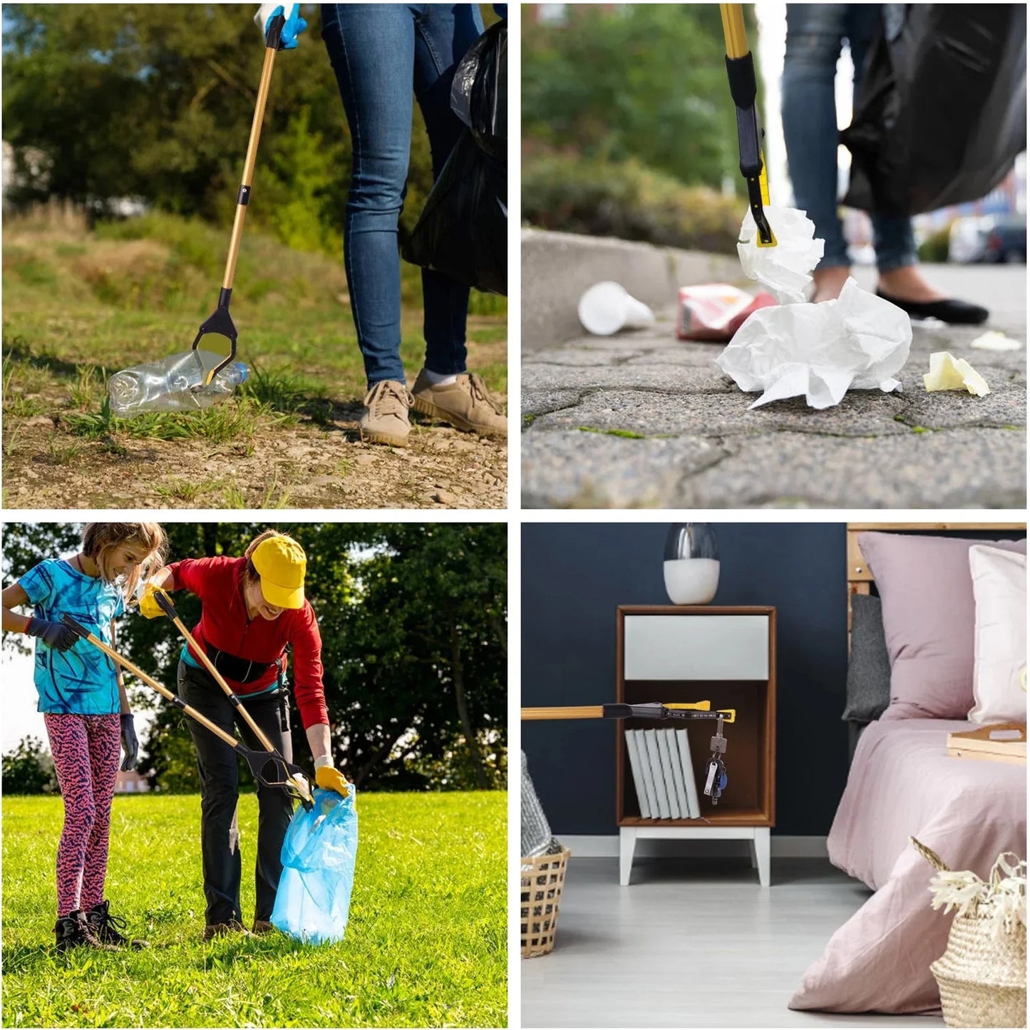 2Pcs Grabber Reacher Tool Foldable Reaching Lightweight Trash Picker Upper Tool Elderly Anti Slip Rotating Rubber Gripper Yellow