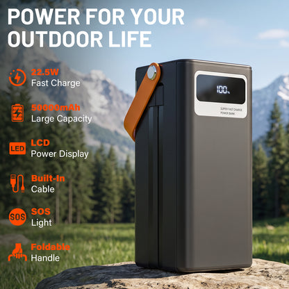 70000mAh Solar Power Bank, 22.5W Fast Charging Power Bank with Dual Built-in Cables, Solar Phone Charger & Solar Battery Charger, 7-Output 3-Input LCD SOS Light for Outdoor Camping (Black)