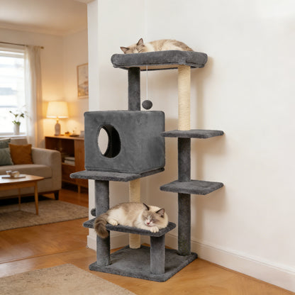 Sturdy 40-inch Cat Tree Tower with Cat Cave & Ramp Steps - Multi-Level Play & Sleep Center for Large Indoor Cats, Dark Gray