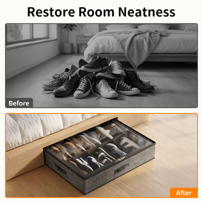 Under Bed Shoe Storage Organizer, 2 Pack Foldable Underbed Shoes Containers with Handle,Shoe Rack Organizer Total Fits 24 Pairs of Shoes, Gray