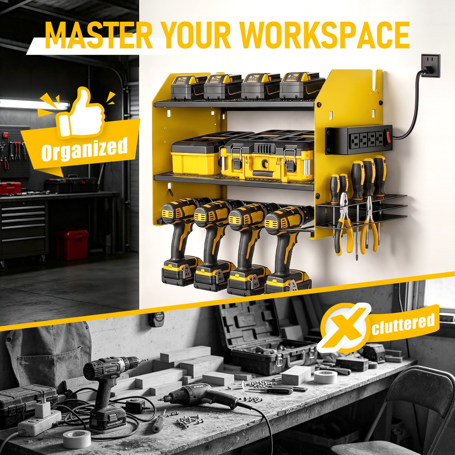 CATGOOD Power Tool Organizer Wall Mount with Charging Station, Tool Storage Shelf Loads 200 lbs Capacity 4 Outlets Storage Rack Holds 4 Drills for Garage Storage(Yellow)