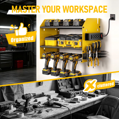 CATGOOD Power Tool Organizer Wall Mount with Charging Station, Tool Storage Shelf Loads 200 lbs Capacity 4 Outlets Storage Rack Holds 4 Drills for Garage Storage(Yellow)