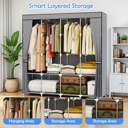 BAOKALER 67-Inch Wide Wardrobe Closet with 4 Hanging Rods & 8 Shelves, Non-Woven Fabric Hanging Closet Organizer, 16mm Steel Tube Clothing Rack for Bedroom, Living Room, Closet, Garage, Dorm, Gray