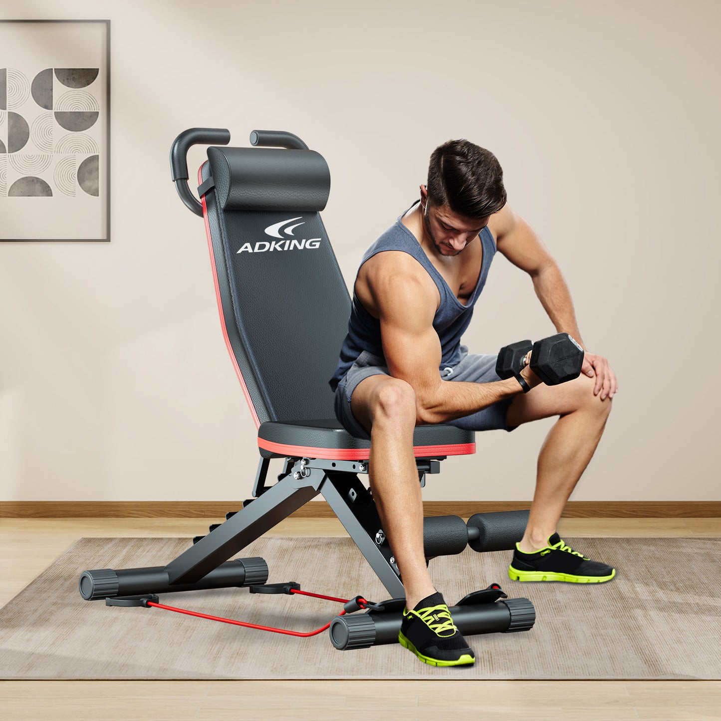 BAOKALER Weight Bench with U Shape Handle for Full Body Workout, Adjustable Workout Bench with Resistance Bands, Multi-Function Strength Training Bench Press Exercise Equipment for Home Gym, 1000 lbs