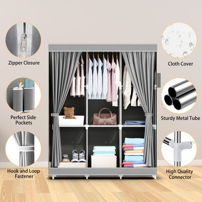 BAOKALER Wardrobe Clothes Storage Rack， 6 Wardrobe Closet Organizer Shelf Garment Cabinet, Tool Free Assembly, Gray